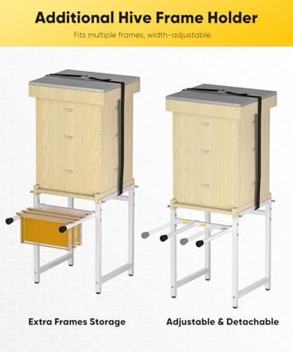 Mondazie Adjustable Metal Bee Hive Stand with Detachable Beehive Frame Holder for 8 & 10 Frame, 12 to 19 Inches Width Flow Hives Stand with 120-Inches Strap, Flowhive Stands Base for Beekeeping, White - color: White - With Frame Holder