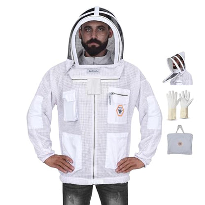 Beekeeping Jacket with Veil 3-Layer Ultra Ventilated Veil Fencing YKK Zippers Full Protection Suit Carrying Bag (BP-301-White)-XL - color: White Fencing Veil, size: X-Large
