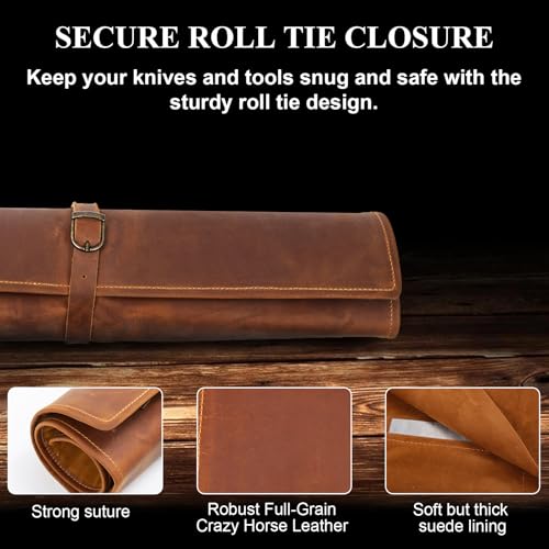 Genuine Leather Knife Roll, Knife Bags for Chefs Professional, Small Chef'S Knife Case Holder, Knives Holders Protectors with 7 Slots (7 Slots and Zipper Dark brown) - color: 7 Slots and Zipper Dark brown