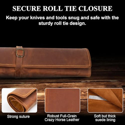 Genuine Leather Knife Roll, Knife Bags for Chefs Professional, Small Chef'S Knife Case Holder, Knives Holders Protectors with 7 Slots (7 Slots and Zipper Dark brown) - color: 7 Slots and Zipper Dark brown