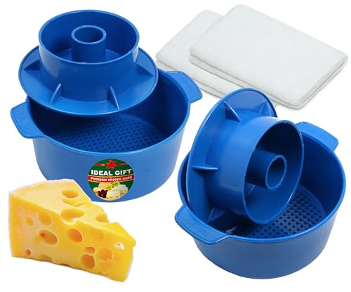 PetriStor Cheese Making Kit - 2 pcs Cheese Mold with a Follower Piston Blue and Cotton Cheesecloth - Cheese Making Basket – Paneer Maker - Cheese Form Mold