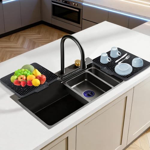 Silicone Dish Drying Mat for Kitchen counter, 15.8"x13" 2Pcs Extra Large Non-Slip Drain Pad with Built-in Drainage, Heat Resistant Dishwasher Safe, Black - color: Black-2pcs, size: 15.8" x 13"