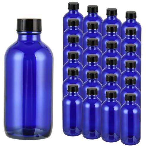 Small Glass Bottles with Lids Boston Round Shot Bottles for Health, Immunity, Ginger Juice, Essential Oils, Potion - Leak Proof Mini Travel Containers (Blue UV, 4oz-24Pack) - color: Blue UV, size: 4oz-24Pack