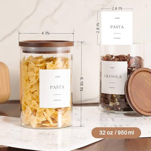 Set of 6 Glass Pantry Jars with Acacia Wood Lids, 32oz Airtight Pantry Storage Containers with 105 Labels, Glass Kitchen Canisters for Coffee, Tea, Sugar, Pasta - size: 32oz 6 Pack