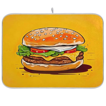 Hamburger with Cheese Dish Drying Mat for Kitchen Counter, Non Slip & Super Absorbent Dish Drainer Rack Pad for Countertops, 18 x 24 Inch - size: 18x24in