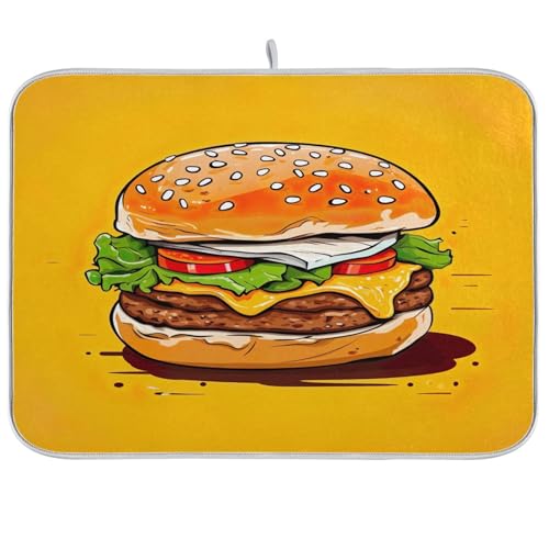 Hamburger with Cheese Dish Drying Mat for Kitchen Counter, Non Slip & Super Absorbent Dish Drainer Rack Pad for Countertops, 18 x 24 Inch - size: 18x24in