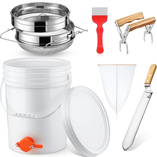 7 Pcs Honey Harvesting Kit, 5 Gallon Honey Bucket with Gate, Double Sieve Stainless Steel Strainer, Supports, Uncapping Fork, Scraper Knife, Filter Bag for Honey Extractor Beekeeping Supply