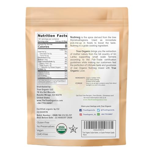 True Organic Ceylon Nutmeg Powder, Premium Grade, USDA & Kosher Certified, Gluten Free, Pure Ceylon Premium Quality, Ground 3.5 Oz
