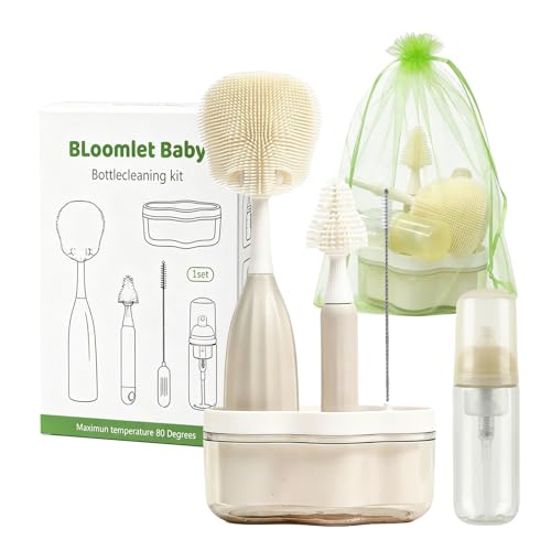 Baby Bottle Brush Set, Silicone Bottle Brush Cleaner with Nipple & Straw Brushes, Push-Press Bubble and Drying Rack for Bottle Cleaning,BPA-Free,Bottle Washer Brush for Breast Pump - color: Beige