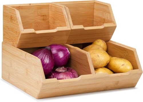 3 Pack Stackable Bamboo Pantry Storage Bins Fruit Food Storage Organizer | Bamboo Potato Onion Storage Bins - Pantry Organizers for Kitchen Countertop, Food Storage Containers for Fruits Vegetables