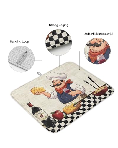 Dish Drying Mat for Kitchen Counter,Smiling Chef Cheese Wine Absorbent Microfiber Drainer Rack Pad Retro Kitchen Art Quick Dry Mat for Sinks Dishes Utensils 16x18in,2 Pack - size: 16x18inx2pcs
