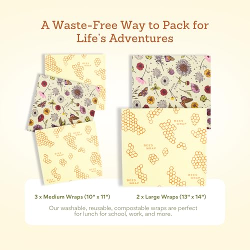 Bee's Wrap Beeswax Wraps for Food - Pack of 5 Assorted Wraps - 3 Medium & 2 Large Food Storage Bags - Meadow Magic & Honeycomb - Plastic Free Made in USA Reusable Kitchen Storage Bags - style: 5 Pack (Meadow Magic & Honeycomb)