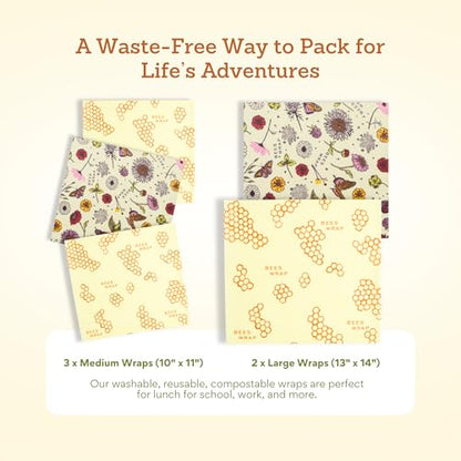 Bee's Wrap Beeswax Wraps for Food - Pack of 5 Assorted Wraps - 3 Medium & 2 Large Food Storage Bags - Meadow Magic & Honeycomb - Plastic Free Made in USA Reusable Kitchen Storage Bags - style: 5 Pack (Meadow Magic & Honeycomb)