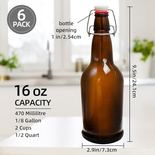 Flip Top Glass Bottles 6 Pack,16 Oz Amber Swing Top Beer Bottles with Airtight Lids, Home Brewing Beer, Wine, Reusable Leak-Proof Brewing Bottle