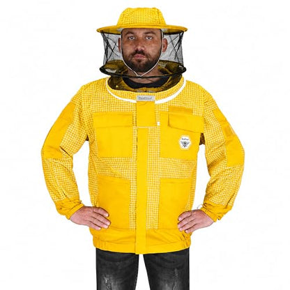 Beekeeping Jacket with Veil 3-Layer Ultra Ventilated 2 Veil Options (Fencing & Round) YKK Zippers Full Protection Suit Carrying Bag (BP-302-Golden)-S - color: Golden 2 Veils, size: S