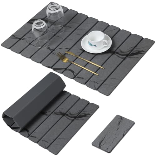 Large Stone Dish Drying Mat for Kitchen Counter, Thin & Light Quick Dry Stone Dishes Mats, Foldable Water Absorbing Diatomite Drying Pad for Kitchen Bathroom Sink Countertop (Gray Ink 24"×16" & 8"x4") - color: Gray Ink, size: 24" x 16"