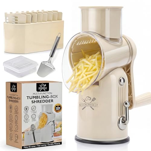 Rotary Cheese Grater Hand Crank, 5 in 1 Vegetable Slicer, Manual Cheese Shredder with Stainless Steel Blades, Food Grater for Cheese Vegetables Nuts, Suction Base, Easy Clean, Beige - color: Beige