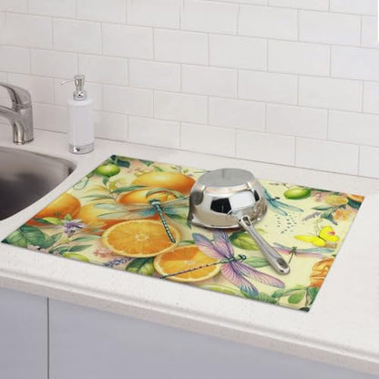 Kitchen Drying Mat for Countertop Citrus Dragonfly Botanical Pattern Non-Slip Kitchen Counter Mat for Dishes Glassware - color: Orange Yellow
