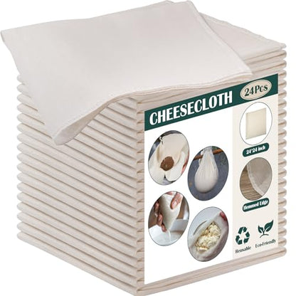 Reginary 24 Pcs 24 x 24 Inches Cheese Cloths Bulk, Grade 100, Hemmed Reusable Cheesecloth Bag for Straining Unbleached Cotton Muslin Cloth for Cheese Making, Cooking, Baking, Juicing, Butter, Turkey - size: 24 x 24 Inches