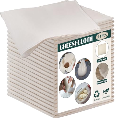 Reginary 24 Pcs 24 x 24 Inches Cheese Cloths Bulk, Grade 100, Hemmed Reusable Cheesecloth Bag for Straining Unbleached Cotton Muslin Cloth for Cheese Making, Cooking, Baking, Juicing, Butter, Turkey - size: 24 x 24 Inches