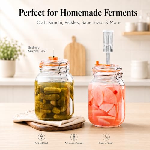 Fermenting Jars, 1.5L Fermentation Kit With Glass Weights, 2-Pack | Wide-Mouth 2L Glass Jar With Self-Venting Airlock, Ideal For Sauerkraut, Kimchi, Pickles And Other Homemade Ferments - size: 1.5 Liter