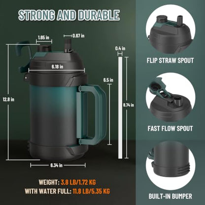 Zukro 1 Gallon Water Jug, One Gallon Large Triple Wall Insulated Water Bottle With Straw and Spout, Keep Cold 48 Hours, No Sweat 128 oz Stainless Steel Sport Jug For Gym, Camping, Outdoors, Coal - color: Coal