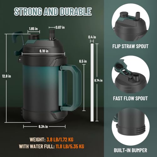 Zukro 1 Gallon Water Jug, One Gallon Large Triple Wall Insulated Water Bottle With Straw and Spout, Keep Cold 48 Hours, No Sweat 128 oz Stainless Steel Sport Jug For Gym, Camping, Outdoors, Black - color: Black
