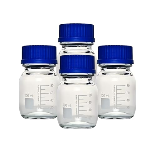 100ml Graduated Glass Round Media Storage Bottle with blue GL45 Screw Cap, Clear High Borosilicate Glass, Wide Mouth, Pack of 4 - color: clear bottle, size: 100ml
