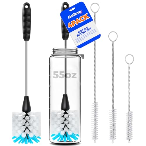 Holikme Bottle Brush Cleaner Set, 14" Long Handle Stainless Steel Bottle Cleaner Brush, 3 Straw Cleaner Brush, Bottle Cleaning Brush for Water Bottle, Cups, Abrasive Flat End Brushes, Straws White - color: White
