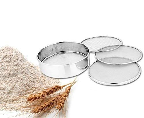 4 In 1 Stainless Steel Interchangeable Sieve Set of 5 Flour Spices Food Strainers Atta Chalni Jaali Channi Atta, Maida Strainer - Silver, Length 8 Inch, Width Height 2.5 Inch