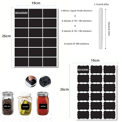 Chalkboard Labels for Food containers, 180 Pcs Label Stickers with 2 White Liquid Chalk Markers, Waterproof Reusable Bottle Labels for Jars, Storage Bins - size: 180 PCS, Wavy & Rectangular Shape