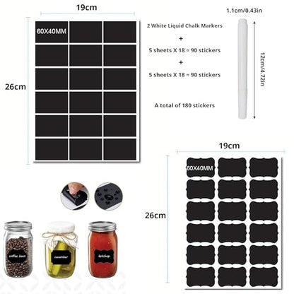 Chalkboard Labels for Food containers, 180 Pcs Label Stickers with 2 White Liquid Chalk Markers, Waterproof Reusable Bottle Labels for Jars, Storage Bins - size: 180 PCS, Wavy & Rectangular Shape