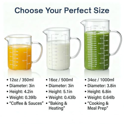 Borosilicate Glass Measuring Cup, 1-1/2 Cup Glass Measuring Cup with Spout, Microwave Safe, Dishwasher Safe, Easy Read Scale for Coffee Brewing, Baking, Cooking, Heating and Meal Prep. - size: 12oz/350ml