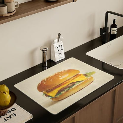 Burger Cheese Lettuce Beige Dish Drying Mat for Kitchen Counter Highly Absorbent Coffee Bar Mat Heat Resistant Dish Rack Pad for Sink Utensils Draining Racks 15.7" x 11.8" - size: 15.7x11.8inch