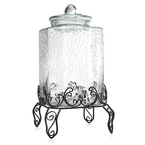 5 GALLON Drink dispenser, Glass Beverage Dispenser With Elegant Stand, Large Water Drink Dispensers for Parties With 100% Leak Proof Spigot, Ideal for Lemonade,Juice, Tea, and Party Drinks - color: Clear-5 Gallon&Stand