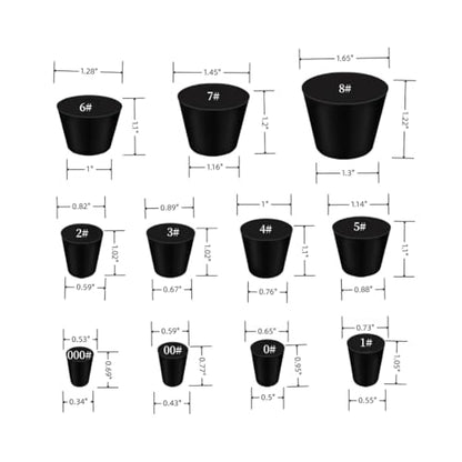 21 Pack Solid Rubber Stopper, Black Lab Plug, 000# - 8# Sizes Assortment, 11 Assorted Sizes