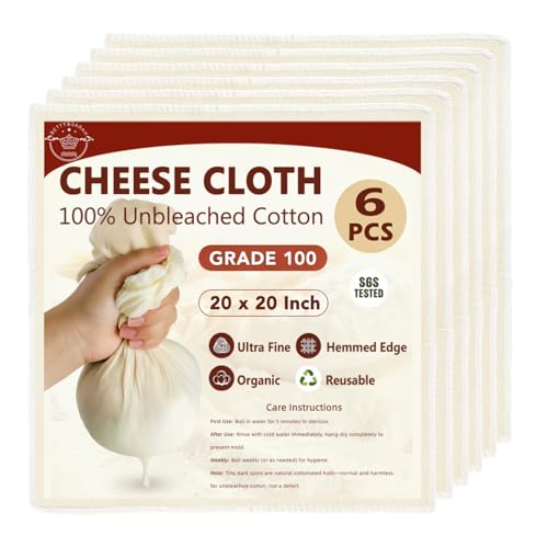 BETTY&SARAH 6 Pack Grade 100 Cheese Cloths, 20x20 Inch Unbleached Cotton | Reusable food grade cotton, hemmed 4 edges, ultra fine mesh for nut milk, yogurt, cheese making, juicing & baking - size: 6 Pack