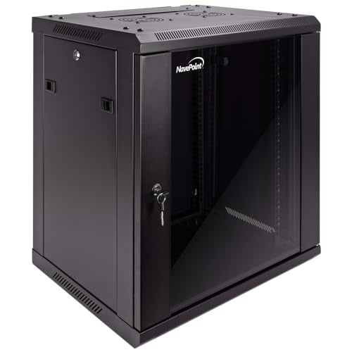 NavePoint 12U Server Cabinet Wall Mount Rack Enclosure Includes 2 Fans, Locking Glass Door, Removable Side Panels – 12U Network Cabinet 17.7” Deep, 19 Inch Server Rack for IT and A/V Equipment - size: 12U - 450mm Depth