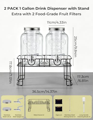 Glass Drink Dispenser for Parties, 1 Gallon Beverage Dispenser with Stand & Stainless Steel Spigot, 2 Pack Lemonade Dispenser with Fruit Filter & stirring spoon, Juice Pitcher for BBQ Picnic Party