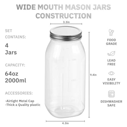 novelinks 64 oz Large Plastic Mason Jars with Airtight Lids Wide Mouth | 3 Pack, Silver, Storage Jars with Airtight Lids, Mason Jars 64oz, Big Jars Wide Mouth, Plastic Storage Containers for Pantry - color: 3 Pack Silver