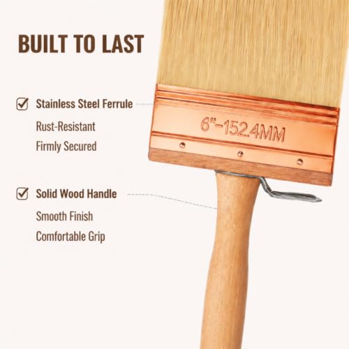Deck Stain Brush 6", Attachable Paint Brush with Wooden Handle | Ergonomic wooden handle, Soft shed-resistant bristles, Detachable design, Washable & reusable, For furniture refinishing - color: 6 Inch