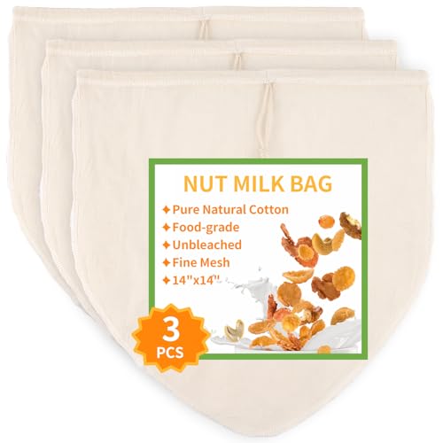 3 Pcs 14"x14" Nut Milk Bag, Natural Unbleached Cotton Cheese Cloth Bag for Straining, Reusable Strainer Bag for Oat Almond Milk, Cheese Making, Yogurt, Juice, Cold Brew Coffee, Beer Tea (14x14 Inch) - size: 14x14 Inch