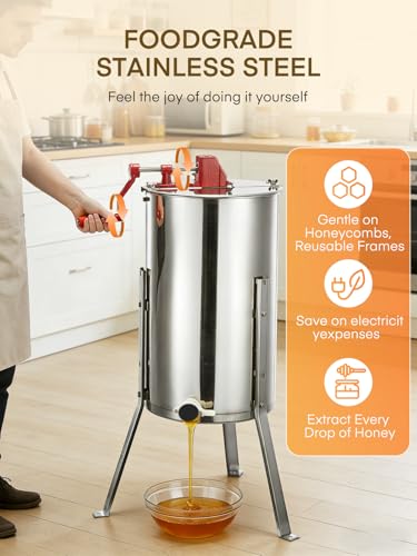 FOHERE 3-Frame Honey Extractor, Food-Grade Stainless Steel Manual Beekeeping Equipment, Apiary Centrifuge with Height-Adjustable Stand, Perfect for Hobby Beekeepers & Home Apiaries - size: 3 Frame