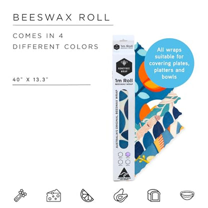 Honeybee Beeswax Wraps - Blue Leaf Pattern Beeswax Roll -Certified Organic Cotton Beeswax Wrap - Reusable Beeswax Wraps for Food - Plastic Wrap & Sandwich Bags Alternative - 40’’ x 13’’ - color: Blue Leaf