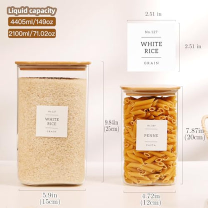 2 Pack large Square Glass Flour and Sugar Containers with 132 Kitchen Pantry Labels - 149 floz & 71 floz - Glass Jars with Airtight Bamboo Lid - Glass Rice Canisters for Coffee, Pasta, Cookie, Cereal - size: 149oz/71oz