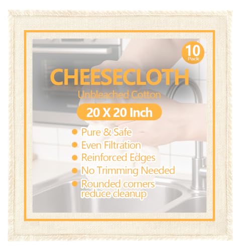 10-Pack 20x20 Inch Unbleached Cotton Cheesecloth – Reusable Muslin Straining Cloth for Yogurt, Nut Milk, Fruit Juice, Cooking Turkey & Cheese Making