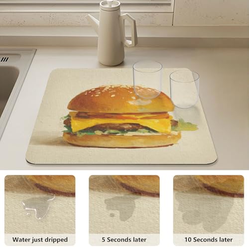 Burger Cheese Lettuce Beige Dish Drying Mat for Kitchen Counter Highly Absorbent Coffee Bar Mat Heat Resistant Dish Rack Pad for Sink Utensils Draining Racks 15.7" x 11.8" - size: 15.7x11.8inch