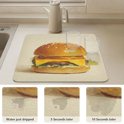 Burger Cheese Lettuce Beige Dish Drying Mat for Kitchen Counter Highly Absorbent Coffee Bar Mat Heat Resistant Dish Rack Pad for Sink Utensils Draining Racks 15.7" x 11.8" - size: 15.7x11.8inch
