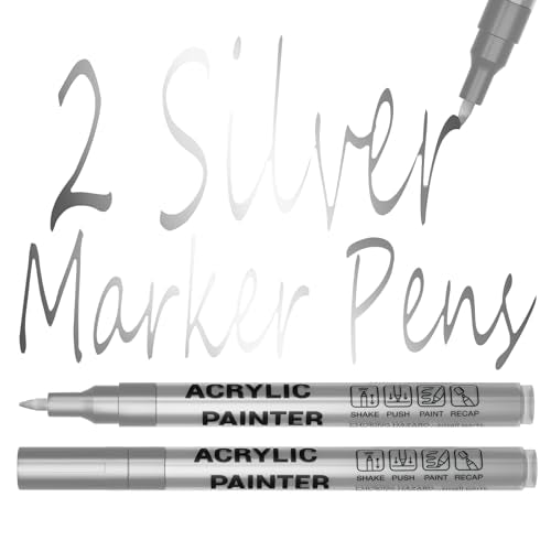 Acrylic Paint Pens Waterproof Markers 2 Silver Permanent Marker Pens Acrylic Pens for Rock Painting Glass Stone Ceramic Metal Fabric Pebble Painting pens Craft Supplies - color: Silver