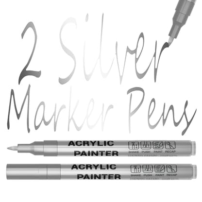 Acrylic Paint Pens Waterproof Markers 2 Silver Permanent Marker Pens Acrylic Pens for Rock Painting Glass Stone Ceramic Metal Fabric Pebble Painting pens Craft Supplies - color: Silver